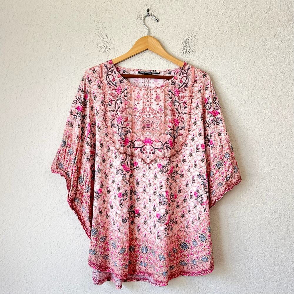 TOLANI COLLECTION Narissa Tunic Top Pink Floral Kaftan Blouse Bohemian